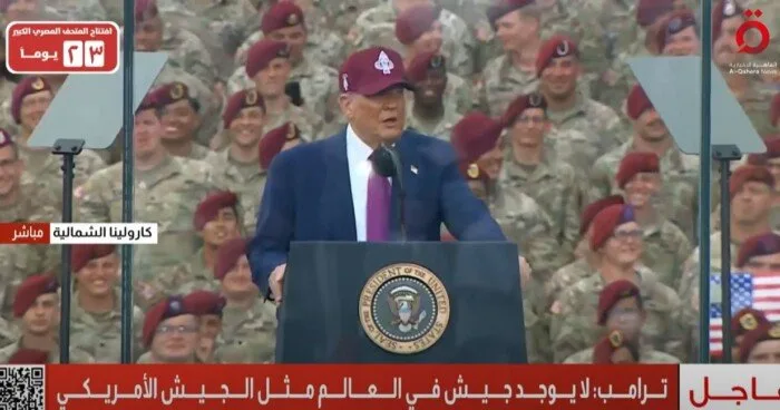 «ترامب»: القوات المسلحة الأمريكية هي الأبرز عالميًا ولا يوجد لها نظير.. ونحقق السلام من خلال القوة. «ترامب»: القوات المسلحة الأمريكية هي الأبرز عالميًا ولا يوجد لها نظير.. ونحقق السلام من خلال القوة.