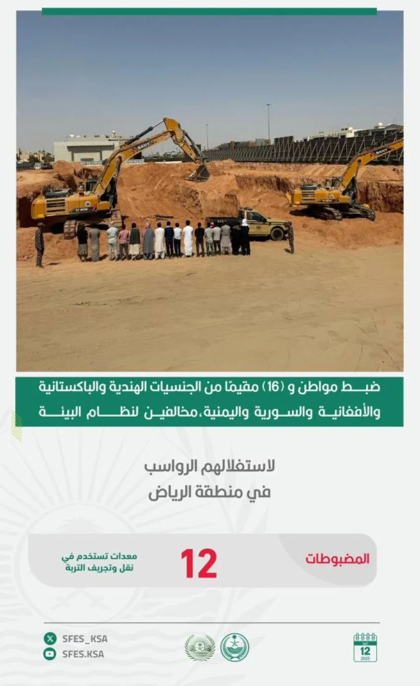 إلقاء القبض على مواطن و16 مقيمًا انتهكوا نظام البيئة من خلال استغلال الرواسب في منطقة الرياض إلقاء القبض على مواطن و16 مقيمًا انتهكوا نظام البيئة من خلال استغلال الرواسب في منطقة الرياض