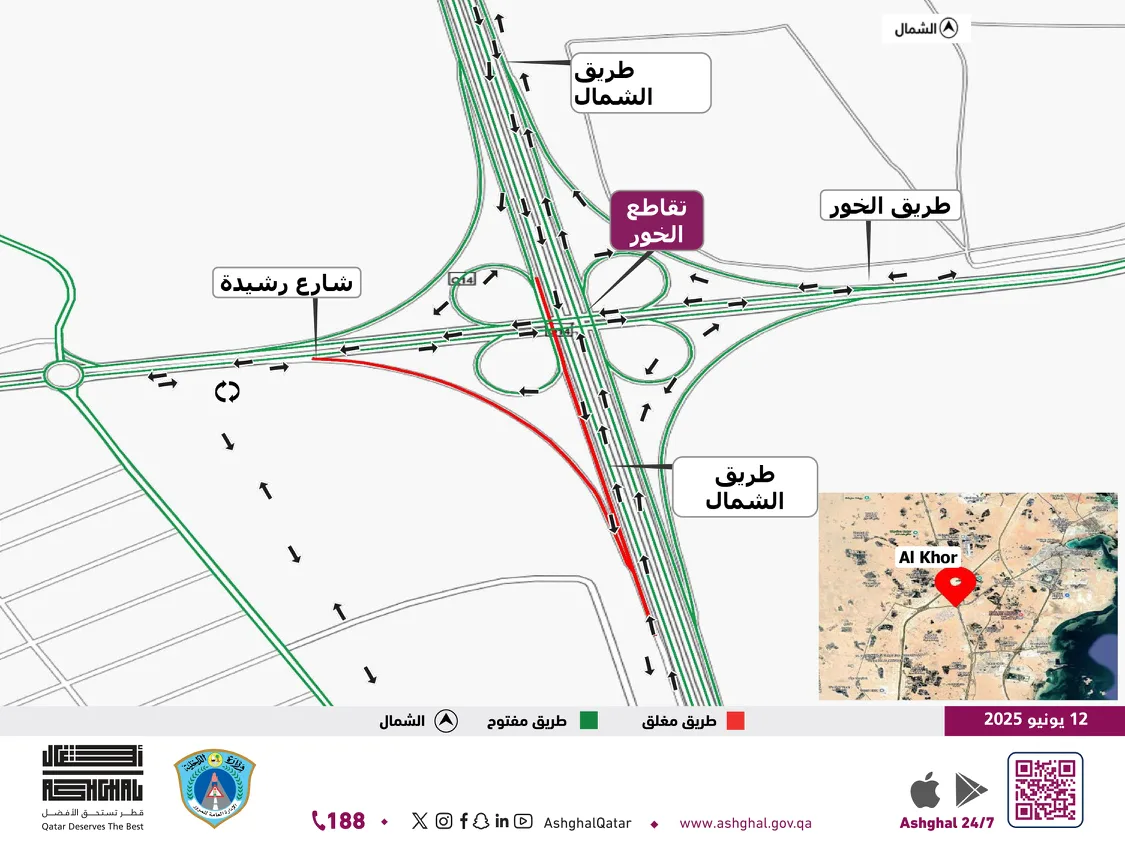 إغلاق مروري لمدة 44 يوماً في تقاطع الخور على طريق الشمال نحو الدوحة إغلاق مروري لمدة 44 يوماً في تقاطع الخور على طريق الشمال نحو الدوحة
