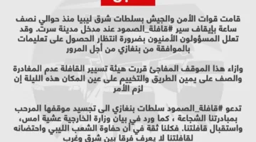 عاجل.. قافلة الصمود تتوقف عند مدخل سرت وتعتزم التخييم على الطريق بانتظار الموافقة للعبور إلى غزة.