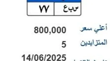 بـ800 ألف جنيه.. عرض مزايدة على لوحة سيارة فريدة “س ب ع- 77”