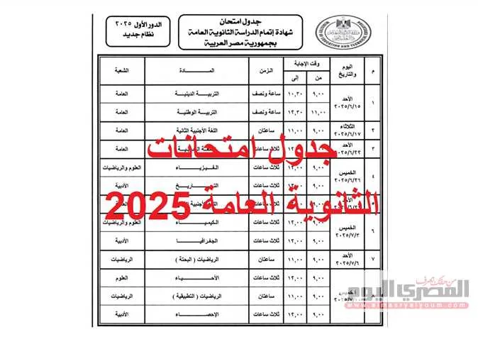 جدول اختبارات الثانوية العامة 2025 لجميع التخصصات العلمية والأدبية (حديثة و سابقة) جدول اختبارات الثانوية العامة 2025 لجميع التخصصات العلمية والأدبية (حديثة و سابقة)