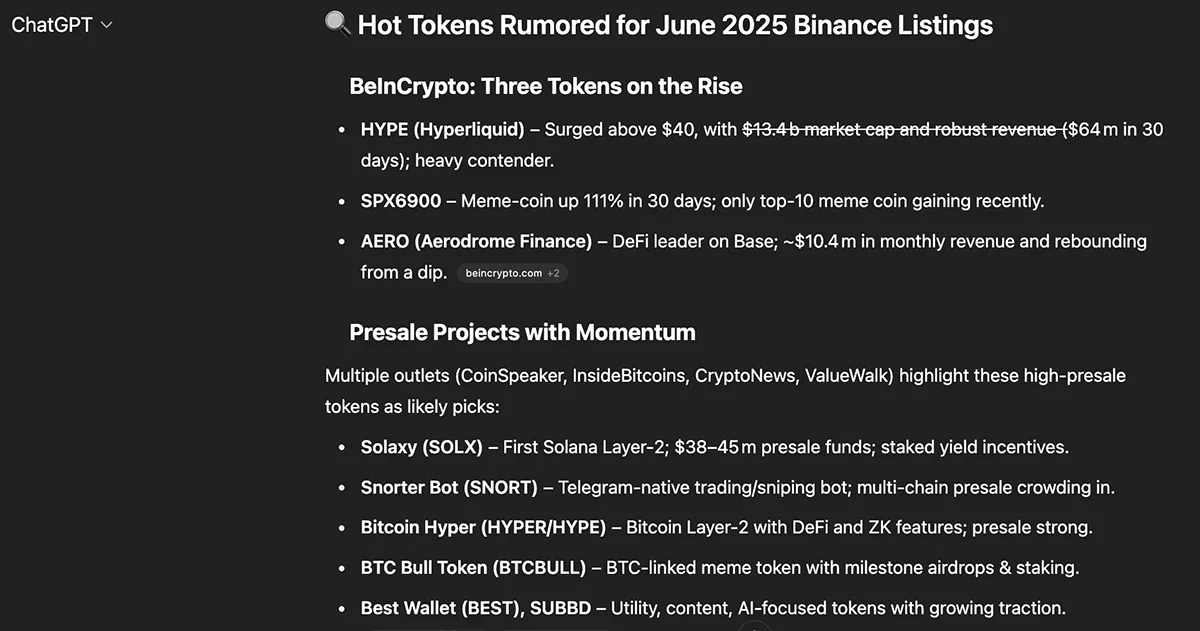 ChatGPT يكشف عن توقعاته لإدراجات Binance الجديدة في يونيو 2025 ChatGPT يكشف عن توقعاته لإدراجات Binance الجديدة في يونيو 2025