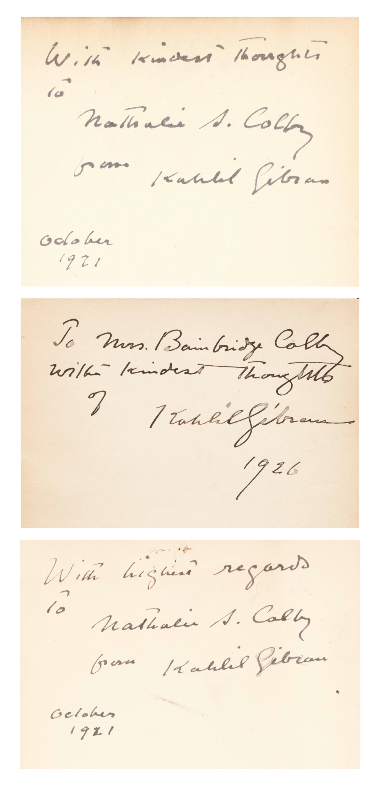 ثلاثة إِهداءَات من جبران بخطه إِلى ناتالي (1921 و1926)