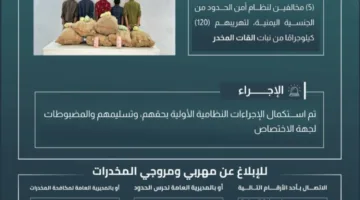 حرس الحدود في جازان يعتقل خمسة أشخاص لتهريبهم 120 كيلوغرامًا من مخدر القات.