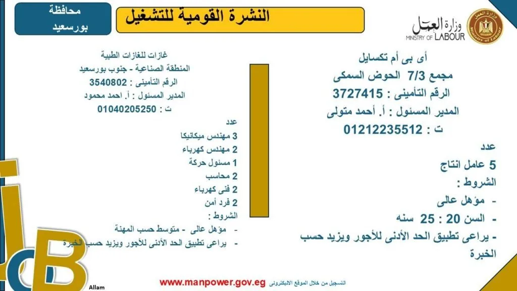 وزارة العمل تفتح باب التقديم لوظائف جديدة في محافظة بورسعيد.. اكتشف التفاصيل وزارة العمل تفتح باب التقديم لوظائف جديدة في محافظة بورسعيد.. اكتشف التفاصيل