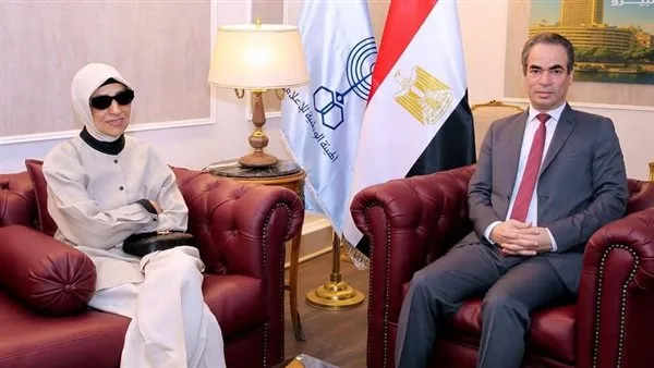 خلال أول زيارة لها إلى ماسبيرو، المسلماني يستقبل هدى نجيب محفوظ قبل تدشين استوديو نجيب محفوظ خلال أول زيارة لها إلى ماسبيرو، المسلماني يستقبل هدى نجيب محفوظ قبل تدشين استوديو نجيب محفوظ