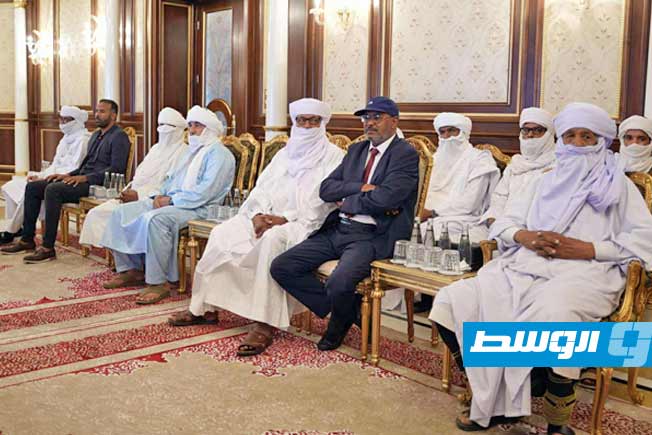 لقاء المنفي مع وفد من وجهاء وأعيان قبائل الطوارق، الإثنين 16 يونيو 2025. (المجلس الرئاسي)