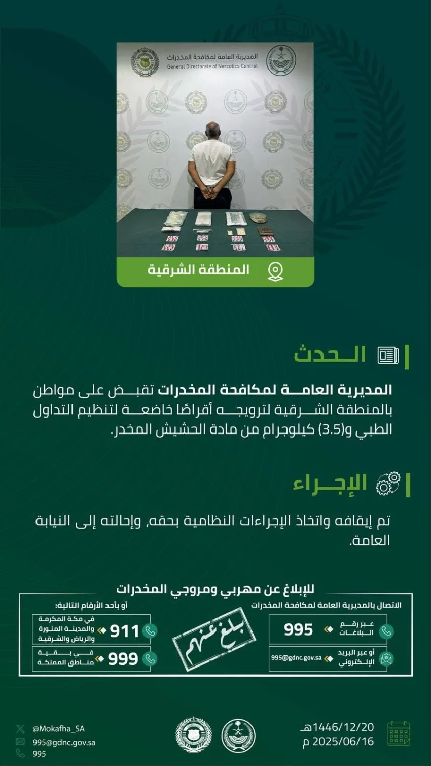 إلقاء القبض على شخص في الشرقية بتهمة ترويج المخدرات إلقاء القبض على شخص في الشرقية بتهمة ترويج المخدرات