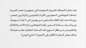 السفارة السعودية في القاهرة تُعلن عن تمديد أيام لقاء السفير مع السعوديين المقيمين والزائرين في مصر