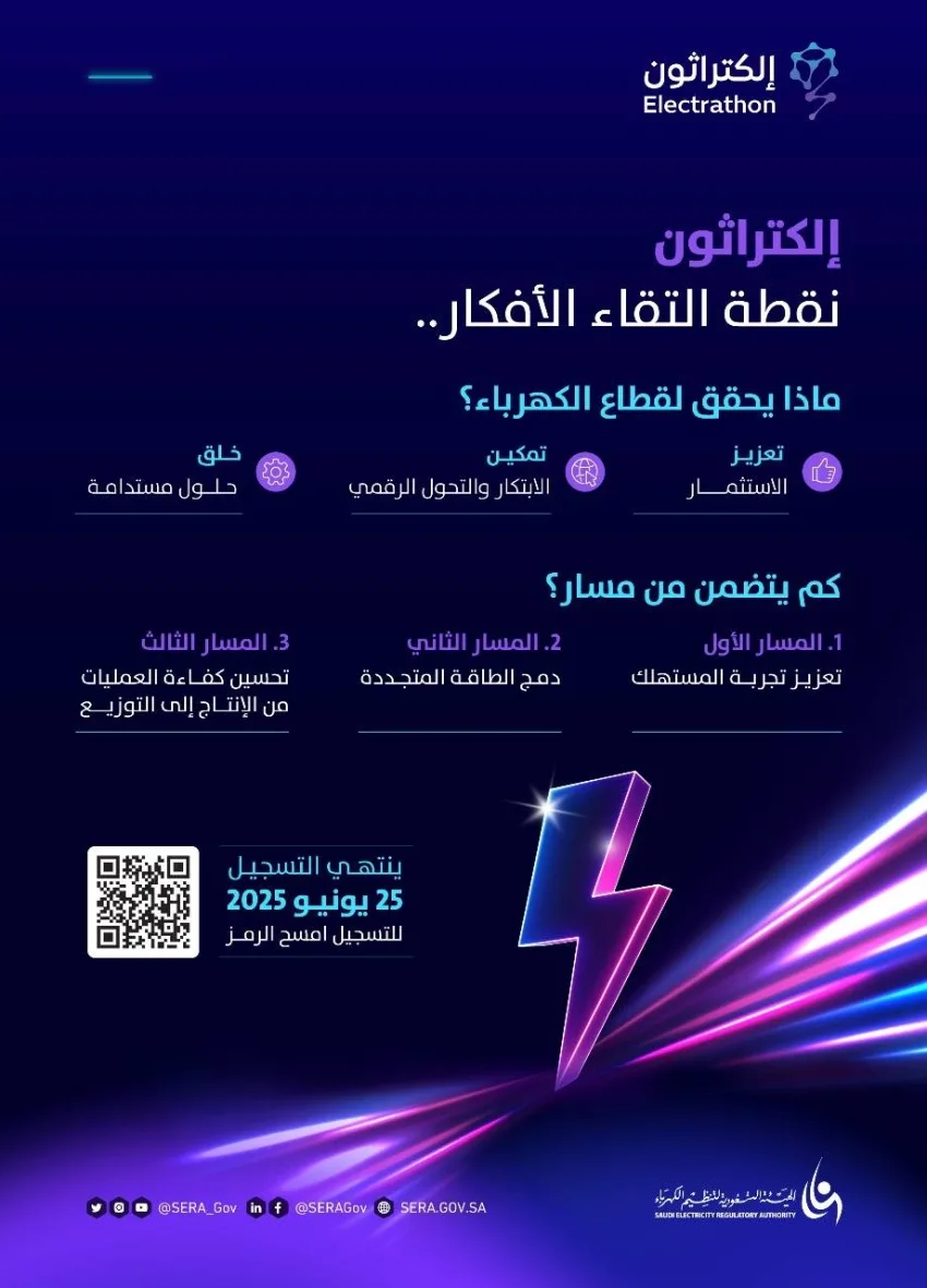 السعودية لتنظيم الكهرباء تُعلن عن فتح باب التسجيل في إلكتراثون 2025