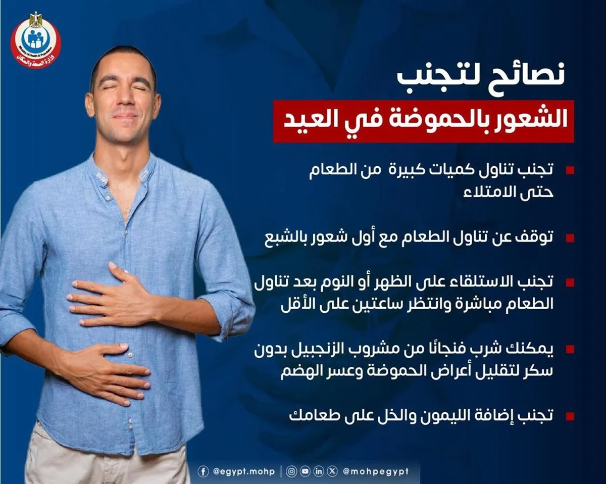 5 توصيات من وزارة الصحة لتفادي الشعور بالحموضة خلال عيد الأضحى 5 توصيات من وزارة الصحة لتفادي الشعور بالحموضة خلال عيد الأضحى