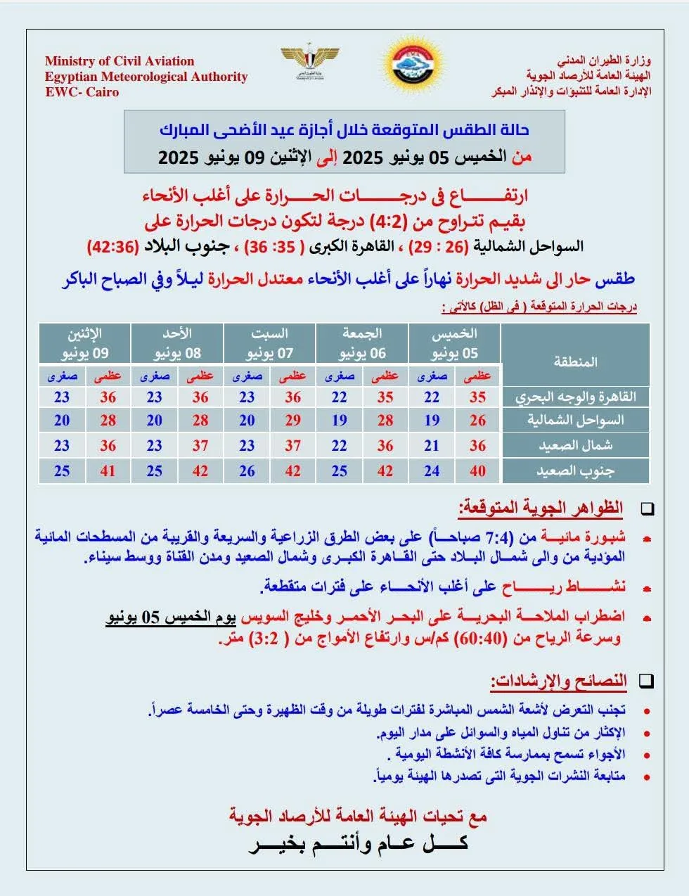 الأرصاد تعلن عن توقعات الطقس خلال عطلة عيد الأضحى 2025 الأرصاد تعلن عن توقعات الطقس خلال عطلة عيد الأضحى 2025