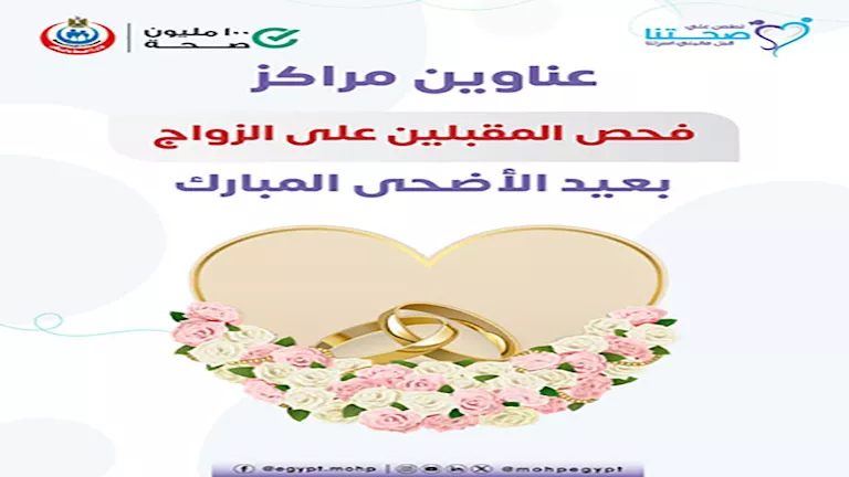 بالأسماء.. 58 موقعًا لإجراء فحوصات الزواج خلال عيد الأضحى بالأسماء.. 58 موقعًا لإجراء فحوصات الزواج خلال عيد الأضحى