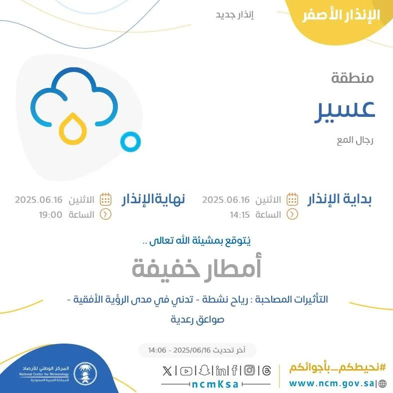 توقعات الطقس اليوم في عسير: تنبيه برتقالي في رجال المع توقعات الطقس اليوم في عسير: تنبيه برتقالي في رجال المع