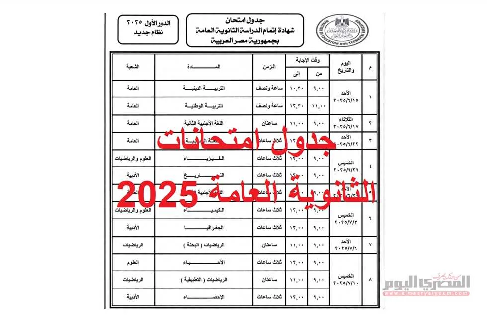 جدول اختبارات الثانوية العامة 2025 بصيغة PDF كامل.. ينطلق بعد أسبوع جدول اختبارات الثانوية العامة 2025 بصيغة PDF كامل.. ينطلق بعد أسبوع