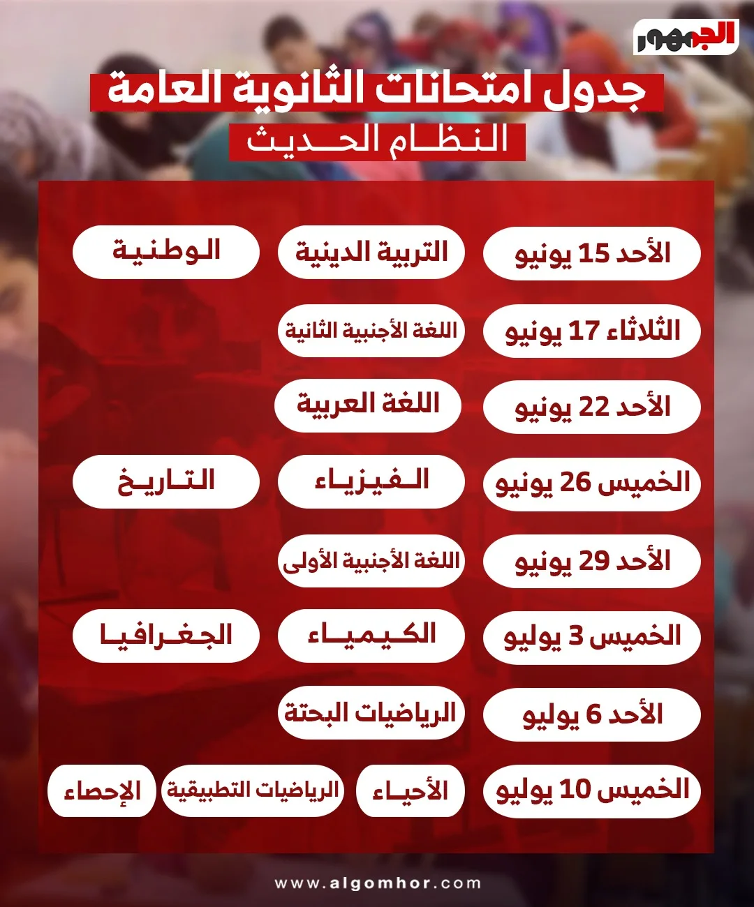 جدول اختبارات الثانوية العامة 2025 – النظام الجديد جدول اختبارات الثانوية العامة 2025 – النظام الجديد