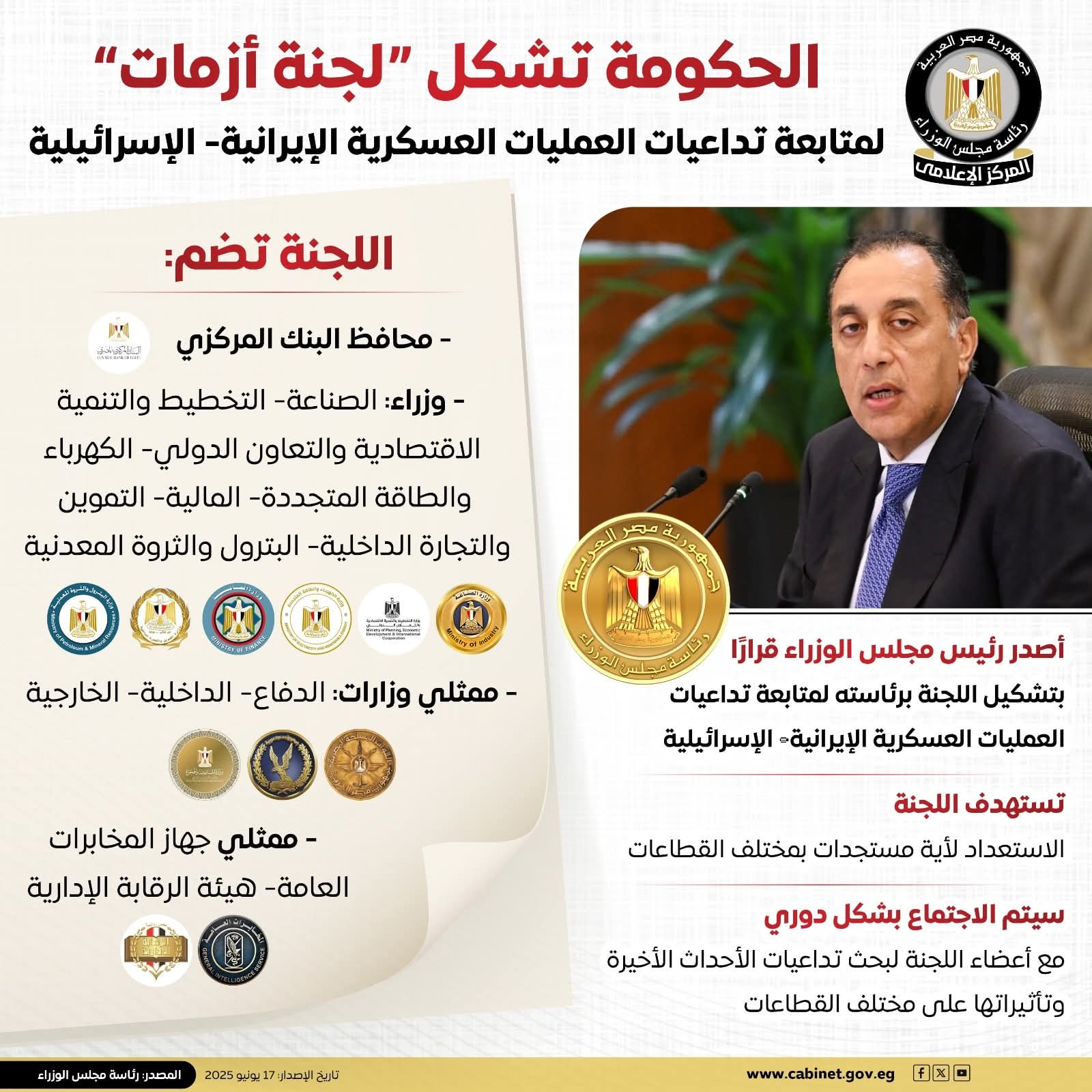 رئيس الوزراء ينشر قرارًا بتشكيل “لجنة للطوارئ” لمتابعة آثار الحرب بين إسرائيل وإيران