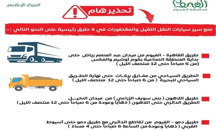محافظ الفيوم: انطلاق المرحلة التجريبية للمحاور المرورية في أول أيام عيد الأضحى محافظ الفيوم: انطلاق المرحلة التجريبية للمحاور المرورية في أول أيام عيد الأضحى