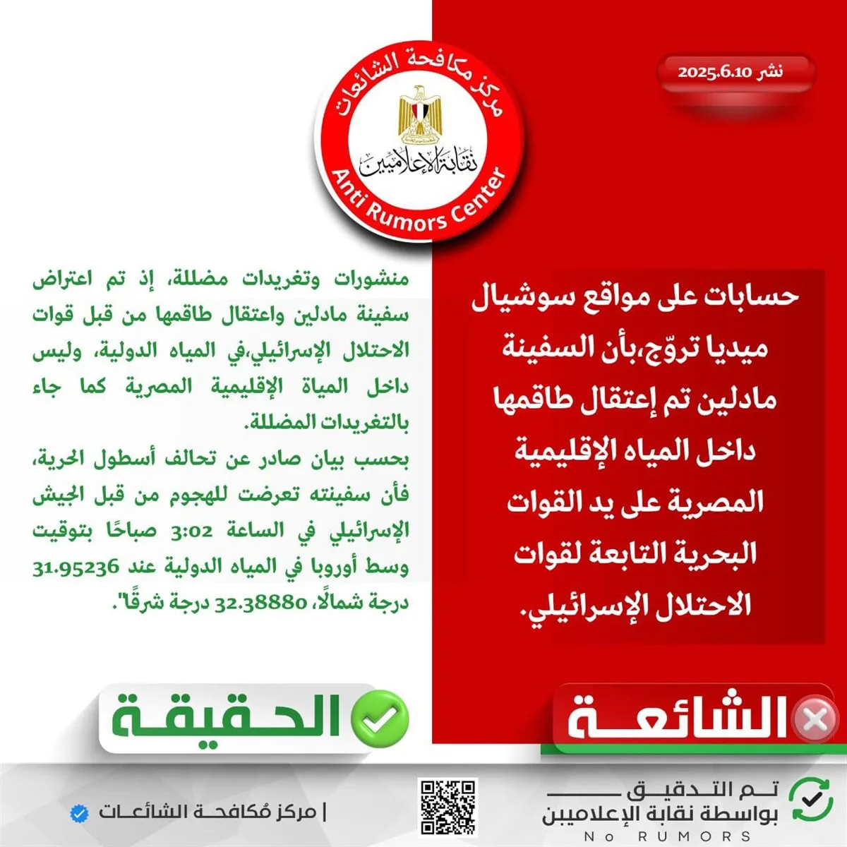 «مكافحة الشائعات» تنفي اعتداء الاحتلال على السفينة مادلين في المياه المصرية. «مكافحة الشائعات» تنفي اعتداء الاحتلال على السفينة مادلين في المياه المصرية.