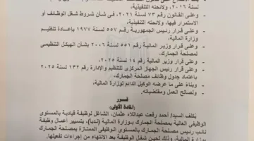 وزير المالية يعلن عن تعيين نائبين لرئيس هيئة الجمارك (مستندات)